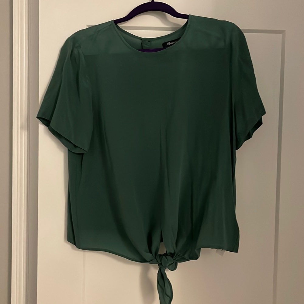 Madewell 100% Silk Green Tie Button Back Top